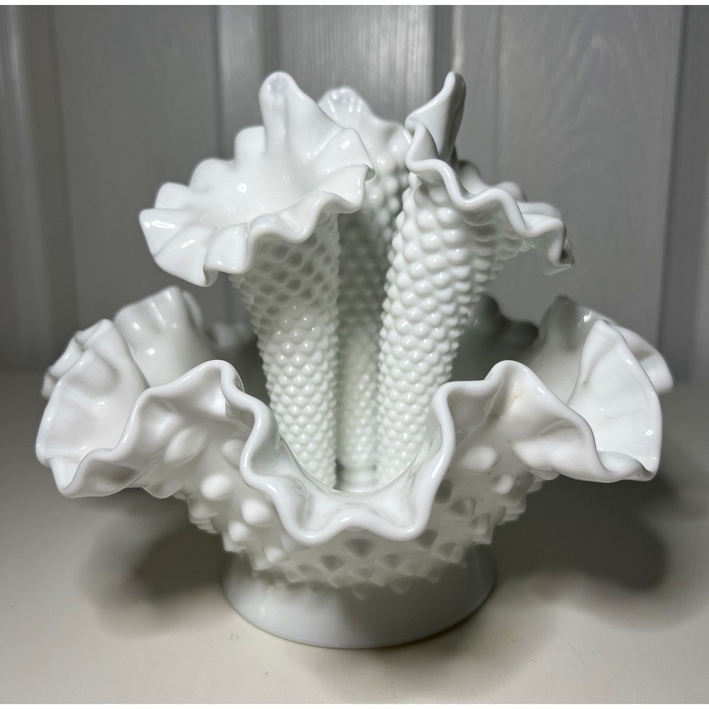 VTG Fenton Hobnail White Milk Glass 3 Horn Epergne Trumpet Centerpiece Ruffled